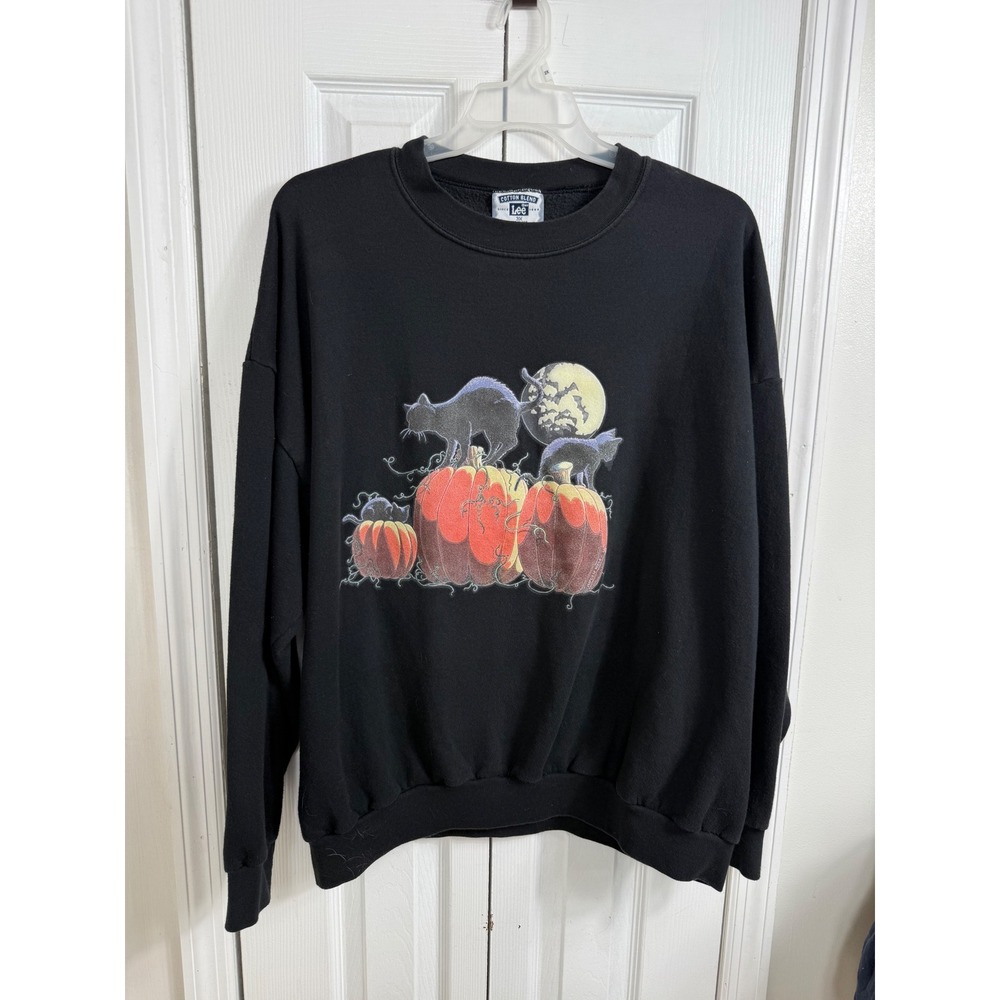 Lee Halloween Black Cat Pumpkin Sweatshirt 3X Black Vintage 90s Spooky Aesthetic